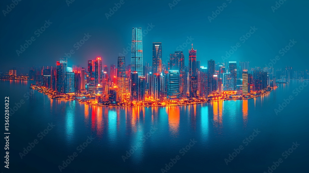 Fototapeta premium Vibrant city skyline at night reflecting on water, showcasing modern architecture and urban life