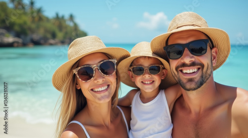 Happy family in sunglasses and hats on tropical beach with blue sea in background, vacation, travel