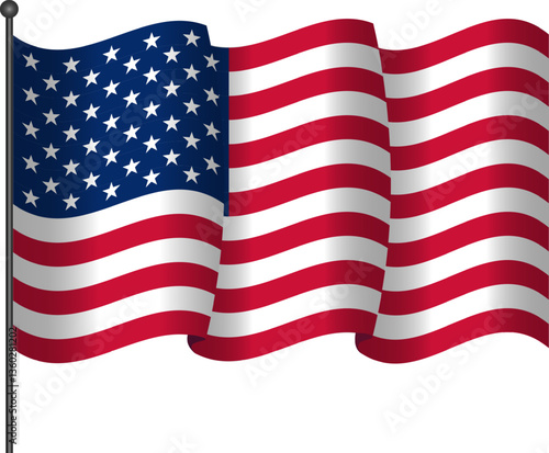 United states of America waving flag . USA flag in pole vector  icon  .  USA  national symbol  with stars strip  .American waving realistic flag  . 4th of July and Memorial Day element .