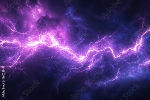 Purple lightning illuminating a dark sky over a serene lake, creating a mesmerizing and dramatic scene.
