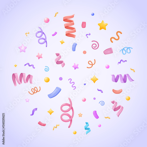  Festive Template for Celebration, Surprise, Gift, Birthday Invitation. Colourful Explosion of Party Elements. Three dimensional vector illustration for web, print, banner, landing page.