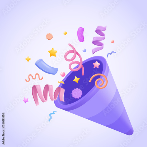 3D Party Confetti Popper Explosion Isolated. Festive Template for Celebration, Surprise, Gift, Birthday Invitation. Three dimensional vector illustration for web, print, banner, landing page.