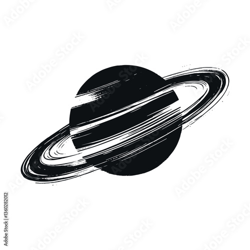 Brush-stroke Saturn planet, abstract black ink on white, vector art