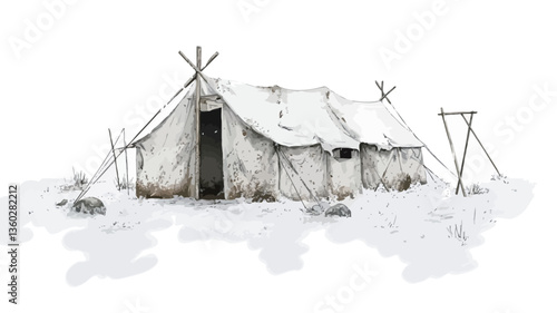 A monochromatic illustration depicting a canvas tent covered in snow. The tent is centrally positioned against a white background, suggesting a snowy landscape.  The tent appears worn and
