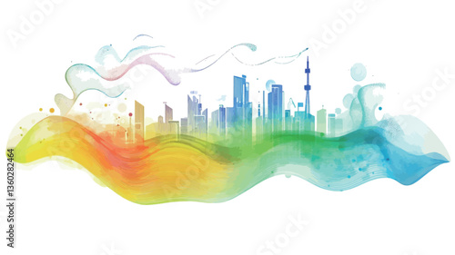 The image is a digital illustration depicting a cityscape rendered in an abstract watercolor style.  The city skyline is shown in shades of blue and grey, appearing as if silhouetted against a