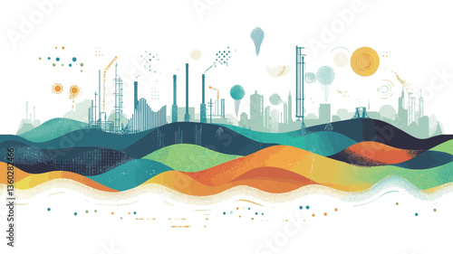 The image is a stylized illustration depicting an abstract cityscape situated on a series of colorful, undulating hills or waves.  The cityscape is rendered in muted greens and blues, showing