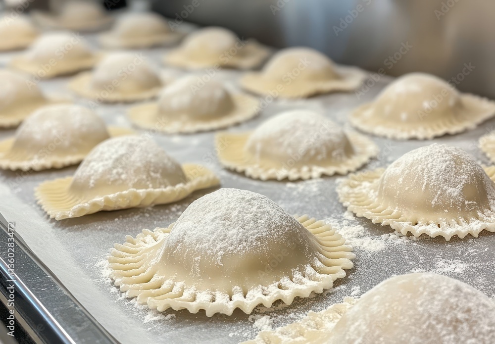 Freshly Made Dough for Ravioli on Kitchen Counter Ready for Cooking, Traditional Italian Cuisine Preparation in a Professional Setting Freshly Made Dough for Ravioli on Kitchen Counter Ready for Cooking, Traditional Italian Cuisine Preparation in a Professional Setting