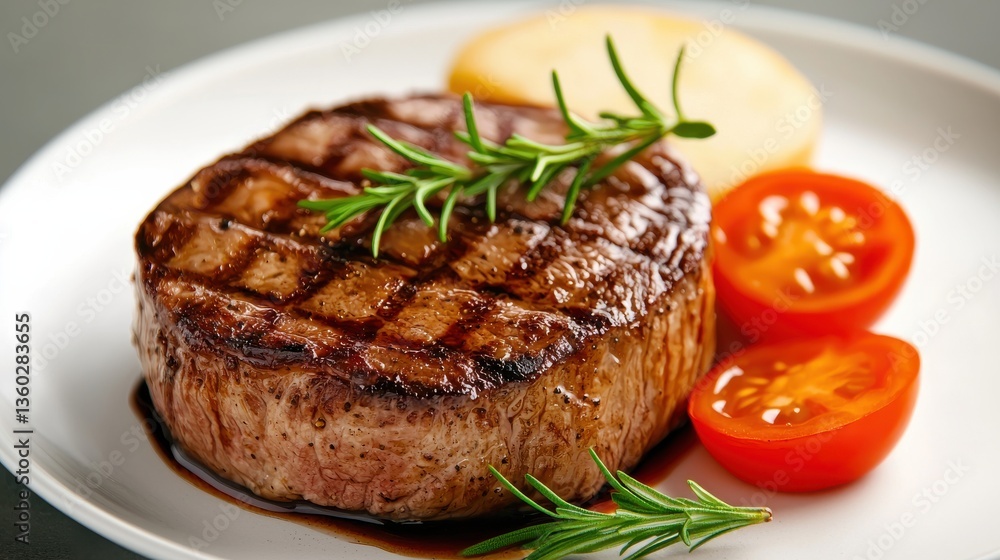Grilled Steak with Rosemary and Tomatoes, a Delicious Gourmet Meal, Food Photography Grilled Steak with Rosemary and Tomatoes, a Delicious Gourmet Meal, Food Photography