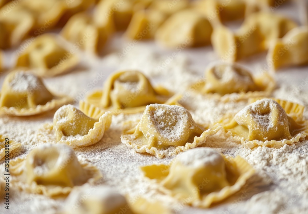 Freshly Made Homemade Ravioli on a Floured Surface Ready for Cooking and Preparation in a Rustic Kitchen Setting with Soft Lighting Freshly Made Homemade Ravioli on a Floured Surface Ready for Cooking and Preparation in a Rustic Kitchen Setting with Soft Lighting