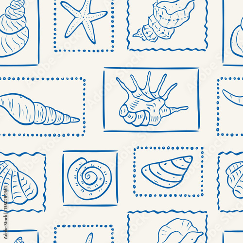 Seamless marine pattern with seashells and starfish in frames. Hand drawn minimalist sea print. Collage whimsical abstract elements. Tropical vacation, beach and ocean concept.