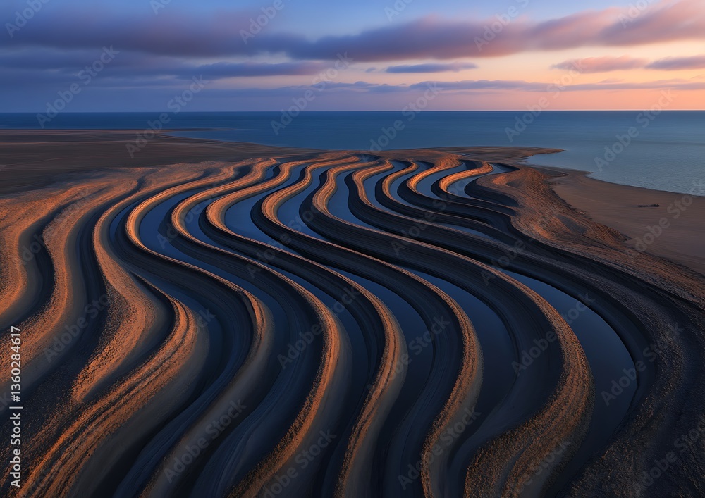 Naklejka premium Coastal Salt Pans Sunset Aerial View Serene Landscape