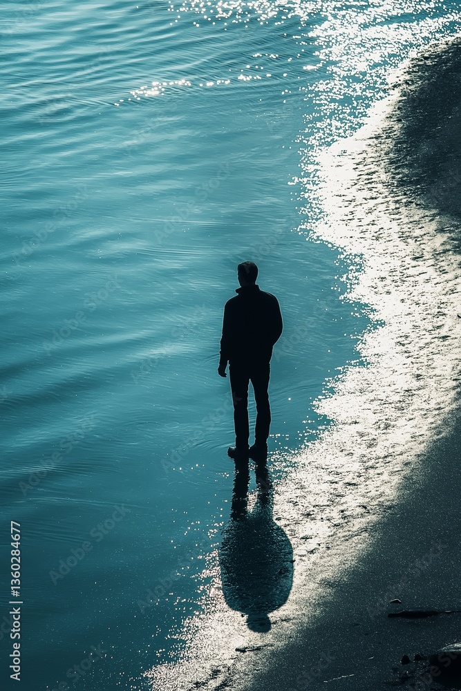 A contemplative figure stands at the water's edge, reflecting on solitude and introspection.
