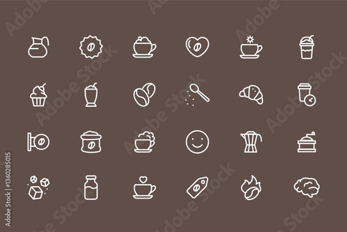 Set of cafe related icons - coffee, beans, croissant, americano and take away drink. White icons on dark background. Coffee time, collection of signs on blackboard. Line style.