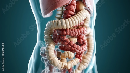 A scientific 3D rendering of the human body's internal organs, focusing on the intestines with an emphasis on a diseased area in the lower abdomen.