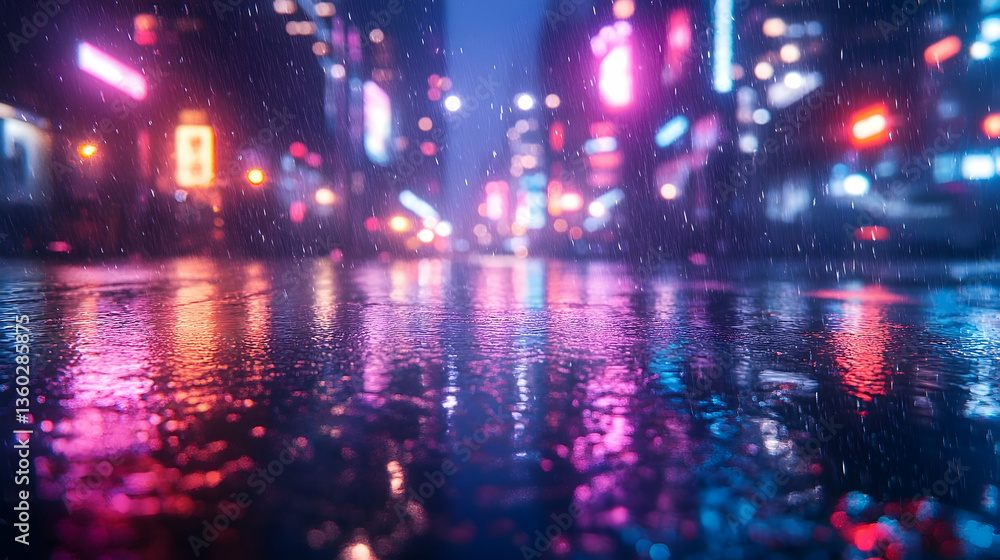 Fototapeta premium Vibrant city street illuminated by neon lights during a rainy night with reflections on the pavement