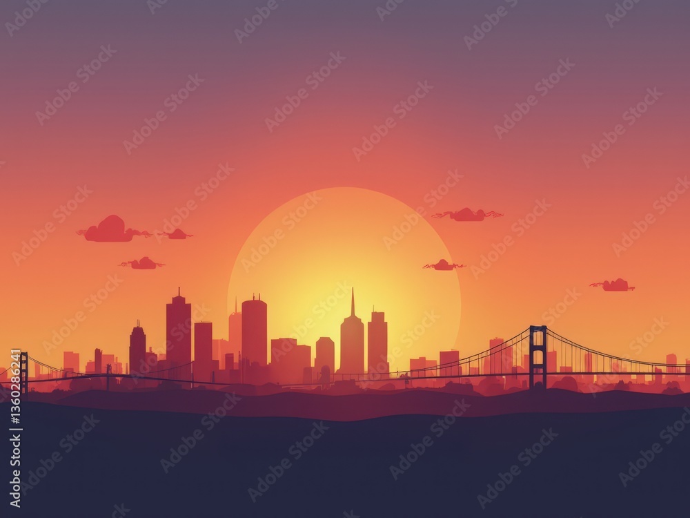 Fototapeta premium Stunning urban sunset with city silhouette and reflection