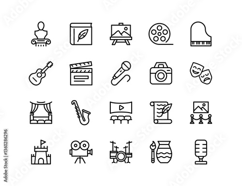 Art & Culture Vector Icon Set | Adjustable Line Weight | Theater, music, painting, sculpture, photography, cinema, dance, gallery, instruments, performance, film, exhibition, creative arts icons