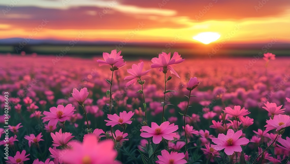 Obraz premium A sunset casts a golden hue over a field of pink flowers, creating a beautiful and peaceful scene