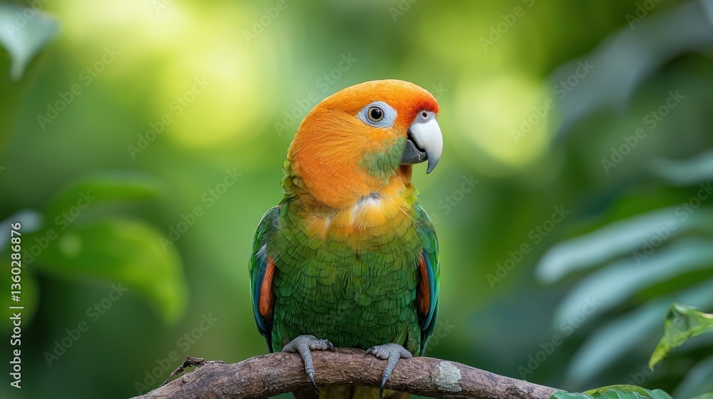 Parrot perched on branch in lush foliage Parrot perched on branch in lush foliage