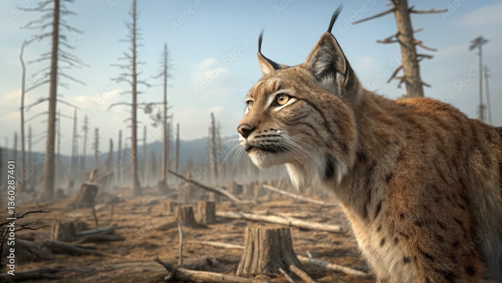 Obraz premium Species Crisis Mitigation. A lynx stands in a desolate forest, surrounded by bare trees, illustrating the impact of deforestation on wildlife habitats.