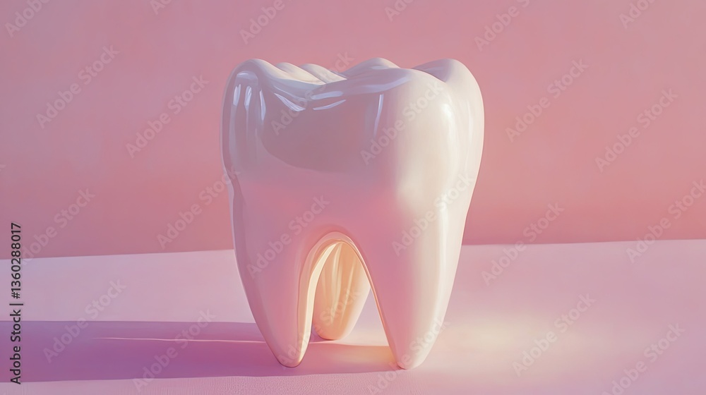 A pristine white tooth illuminated against a soft pink background, symbolizing the beauty and health of a bright smile.