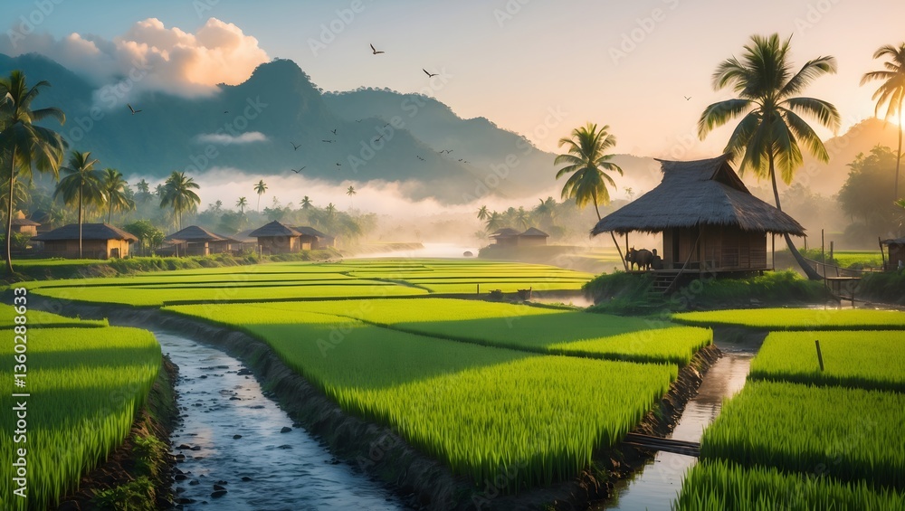 Naklejka premium Sunrise Rice Paddies & Village