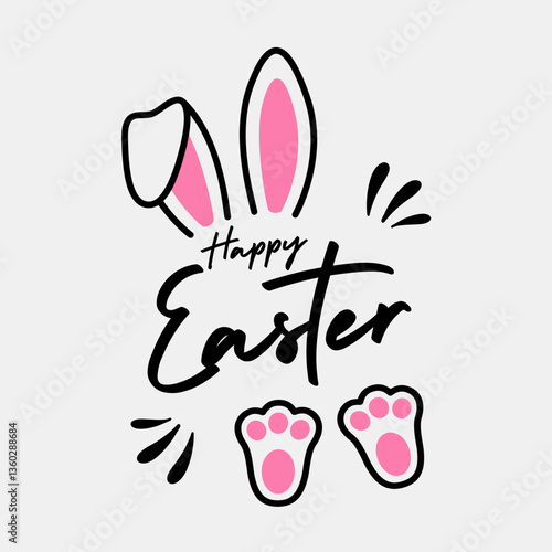 Cute Happy Easter Typography with Bunny Ears and Paw Prints in Minimal Hand-Drawn Style on White Background