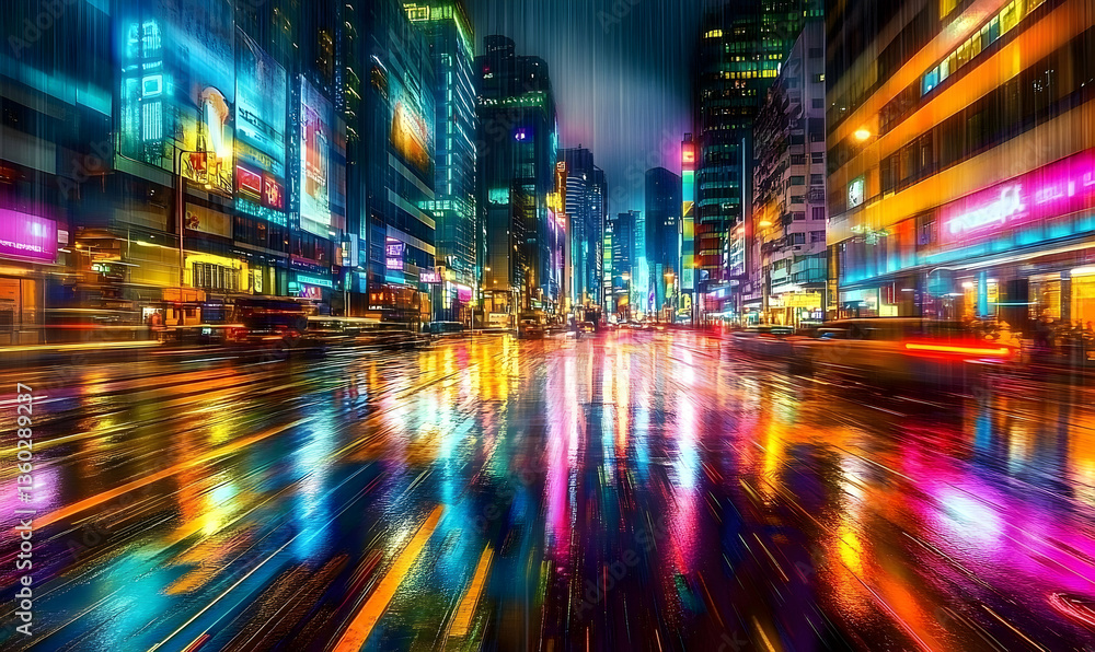 Vibrant cityscape at night with neon lights reflecting on wet streets, showcasing urban life (1) Vibrant cityscape at night with neon lights reflecting on wet streets, showcasing urban life (1)