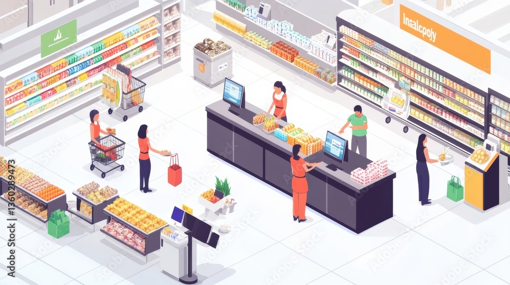 Bright and modern isometric supermarket with customers shopping and self-checkout counters bustling with activity Generative AI Bright and modern isometric supermarket with customers shopping and self-checkout counters bustling with activity Generative AI
