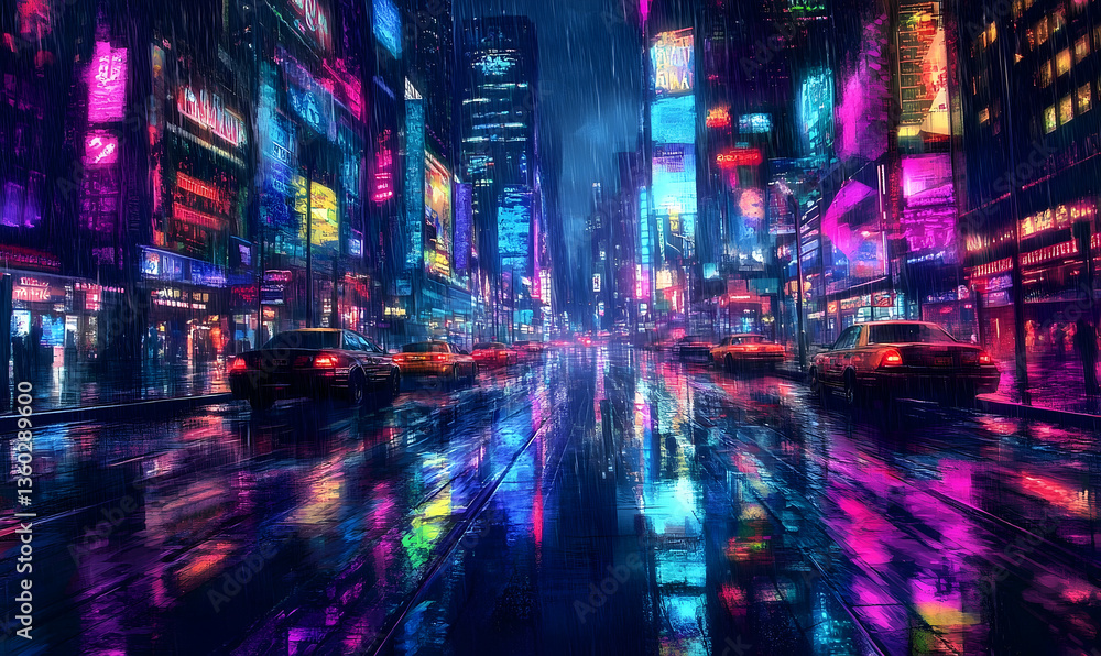 Vibrant cityscape at night with neon lights reflecting on wet streets, showcasing urban life Vibrant cityscape at night with neon lights reflecting on wet streets, showcasing urban life