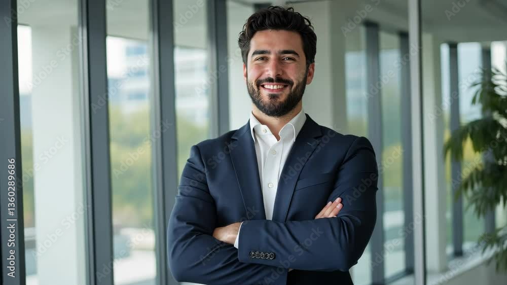 Confident business professional smiling indoors with arms crossed in modern office setting during daytime Confident business professional smiling indoors with arms crossed in modern office setting during daytime