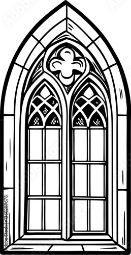 Gothic cathedral window design intricate arch and symbols, black and white illustration
