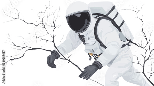 The image is a stylized illustration or digital painting depicting an astronaut in a full white spacesuit interacting with bare, dark branches against a white background, suggesting a snowy or icy