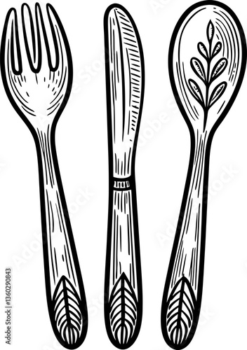 vintage cutlery illustration fork, knife, and spoon with leaf motif design in black and white