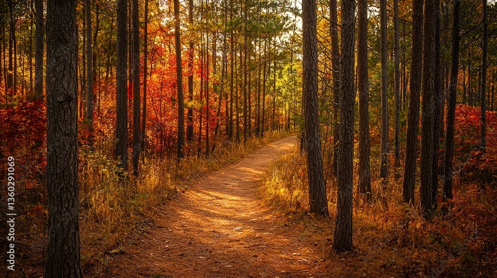 Obraz premium A scenic woodland path winding through a glowing autumn forest, surrounded by warm hues of red, gold, and amber.