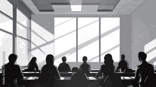 The image is a grayscale illustration depicting a group of people silhouetted at desks in a modern conference room.  The room features large windows allowing bright sunlight to cast strong diagonal
