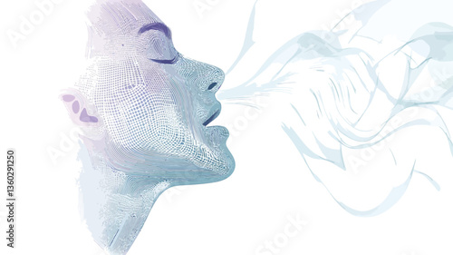 The image is an illustration depicting a woman's profile in a pastel palette of blues and purples.  Her eyes are closed, and she appears to be exhaling a soft, ethereal vapor or smoke. The style is