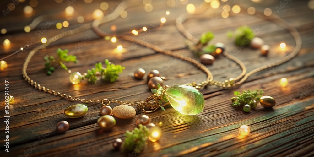 Naklejka premium Glowing Necklace on Wood: Overhead Shot of Feminine Jewelry with Earthy Tones