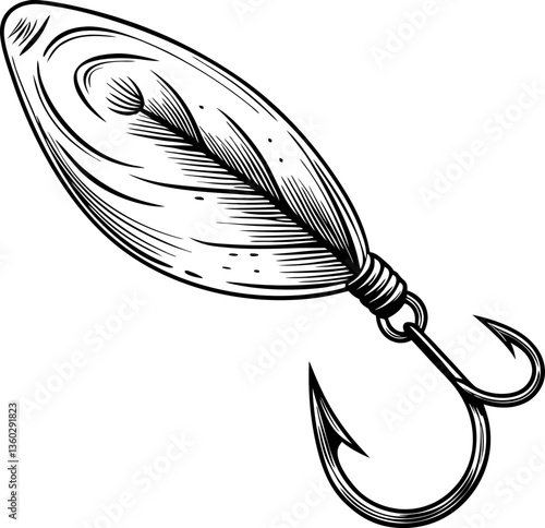 vintage fishing lure with feather detail and hook line art illustration