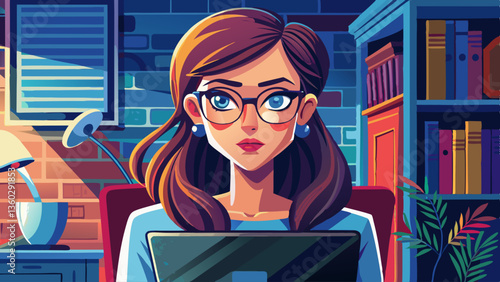Busy young elegant woman in eyeglasses looking at laptop display