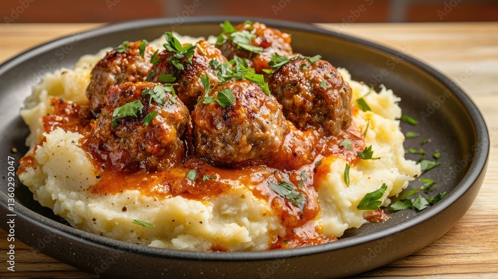 A side angle shot of fluffy mashed potatoes and perfectly charred meatballs, plated elegantly with soft shadows. A side angle shot of fluffy mashed potatoes and perfectly charred meatballs, plated elegantly with soft shadows.