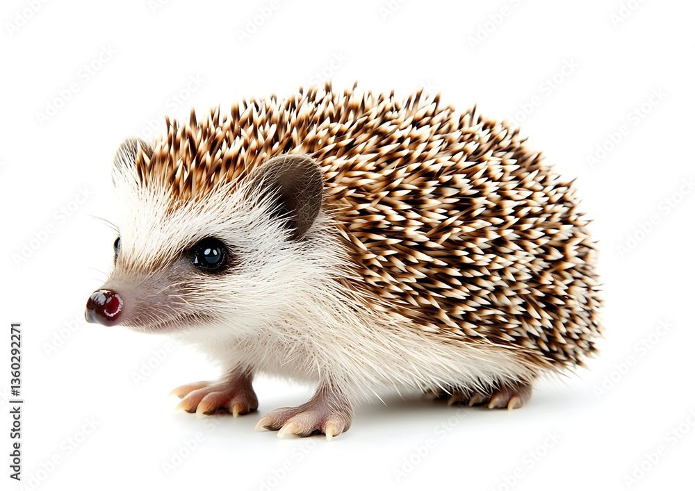 Obraz premium An adorable hedgehog with brown and white quills against white