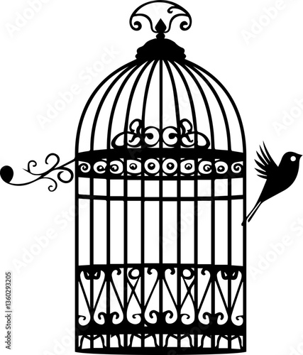 Elegant Black and White Birdcage with Flying Bird – Silhouette Vector Illustration