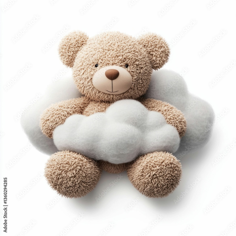 Fototapeta premium A cuddly teddy bear gently embraces a soft, fluffy cloud on a pure white background, evoking feelings of comfort.