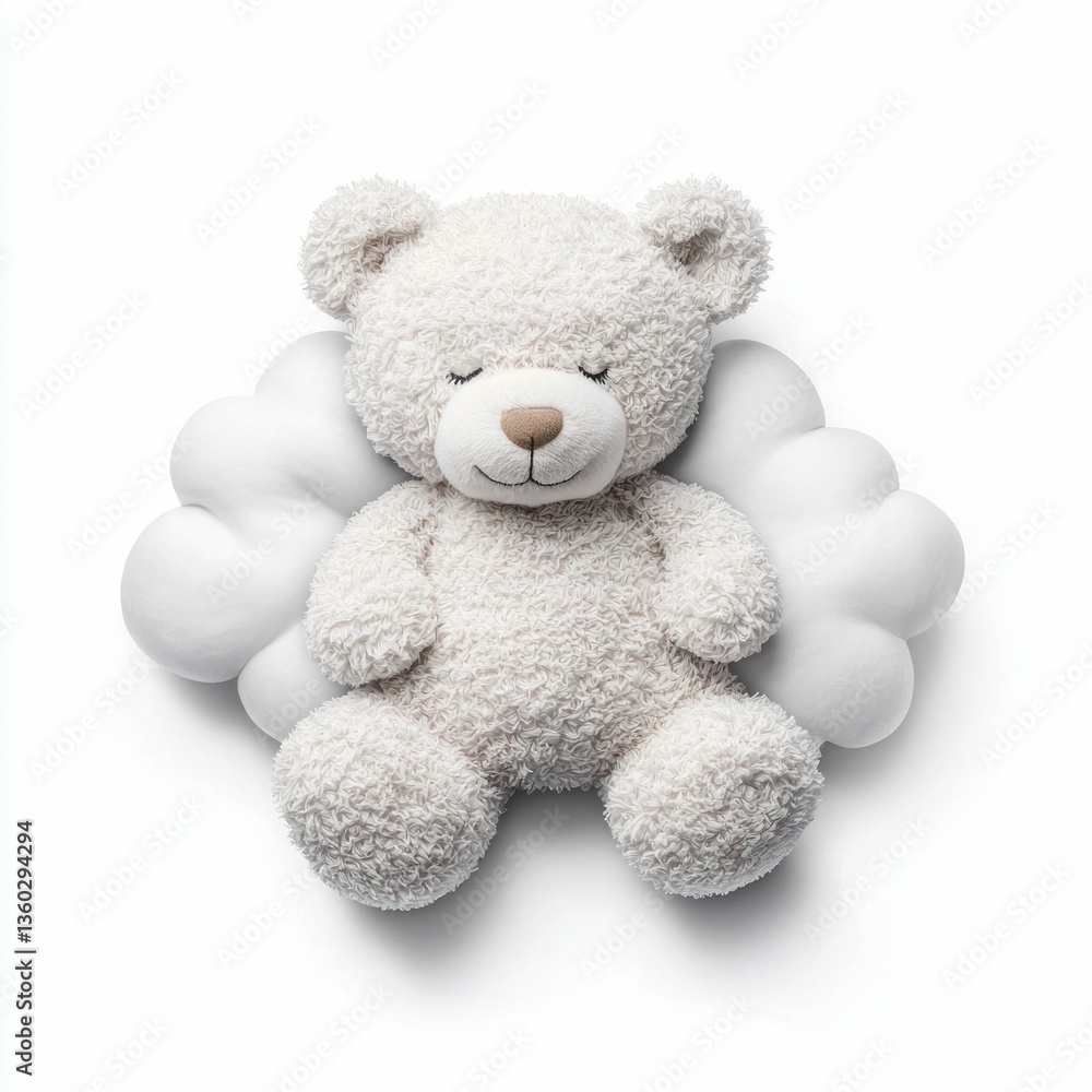 Obraz premium Gentle teddy bear with fluffy white wings, creating a serene and calming scene on a bright white background.