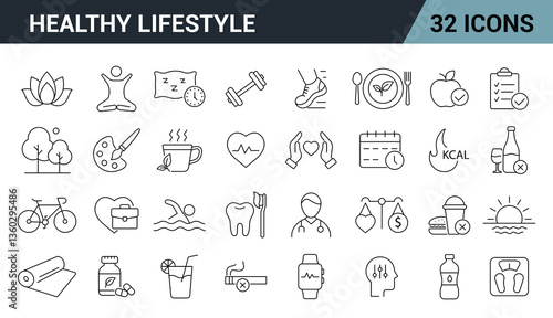 Healthy Lifestyle Line Editable Icons Set. Includes Exercise, Meditation, Sleep, Healthy Eating, Hydration, Wellness, Fitness And More. Vector illustration.
