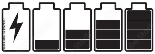 Battery icon set on white background. Mobile battery level indicator. Accumulator level icon. Power sign set. Mobile battery symbol. Stock Vector