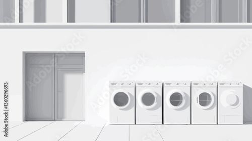 The image shows a minimalist rendering of four white washing machines positioned against the exterior wall of a white building. The building features large, window panes and a single door.  All