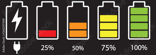 Battery icon set. High quality colorful style vector icons. Green 100% 75%, orange 50%, red 25% 0, batteries. Batery charge indicator. Baterry level, energy, full. Power low up status batteries logo.