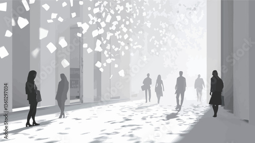 The image presents a grayscale rendering of a modern architectural interior.  The space is a long hallway or corridor with high ceilings. Numerous irregular, white shapes are suspended from the